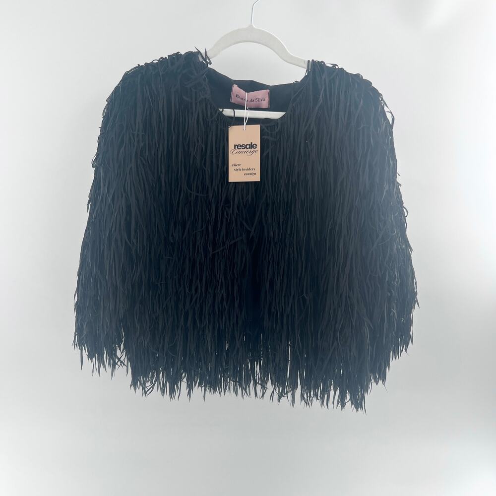 Beatriz Da Silva Allover Fringe Half Sleeve Open Front Crop Jacket Black Small